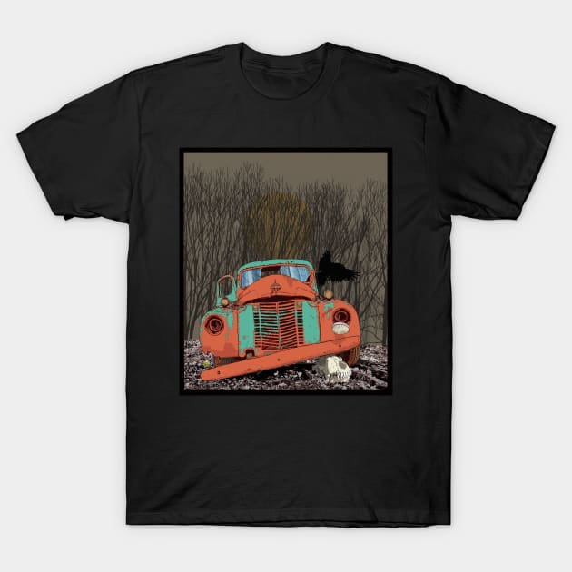 Rusted speedwagon truck, wolf skull and raven T-Shirt by RobertBretonArt